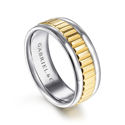 Allan - 14K White-Yellow Gold 8mm - Two Tone Carved Men's Wedding Band in High Polish Finish