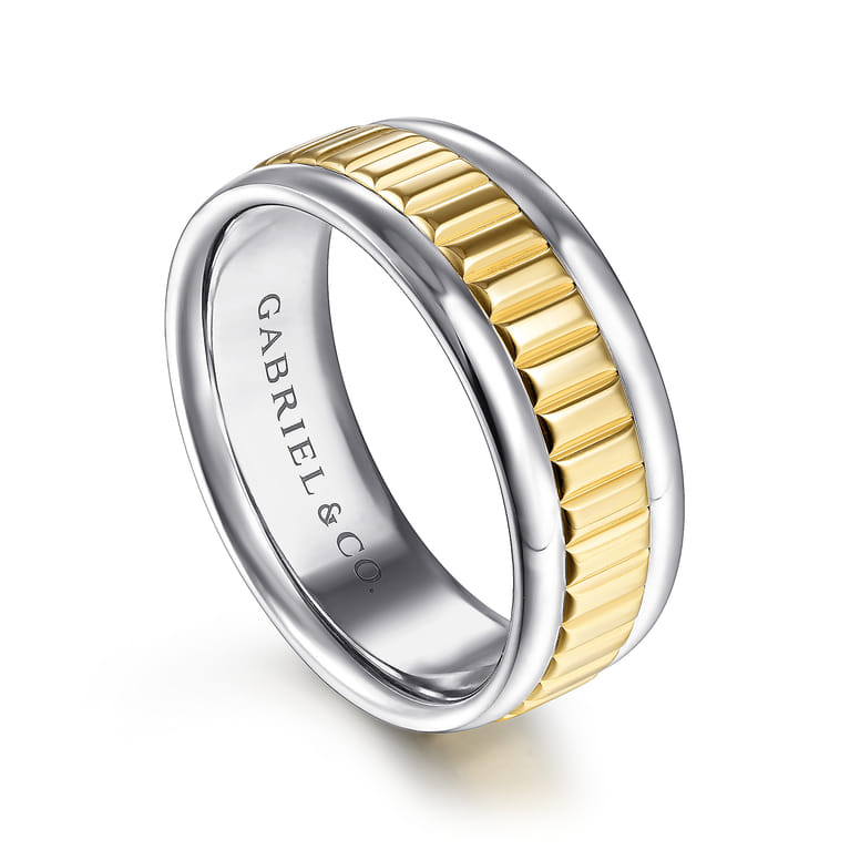 Allan - 14K White-Yellow Gold 8mm - Two Tone Carved Men's Wedding Band in High Polish Finish - Shot 3