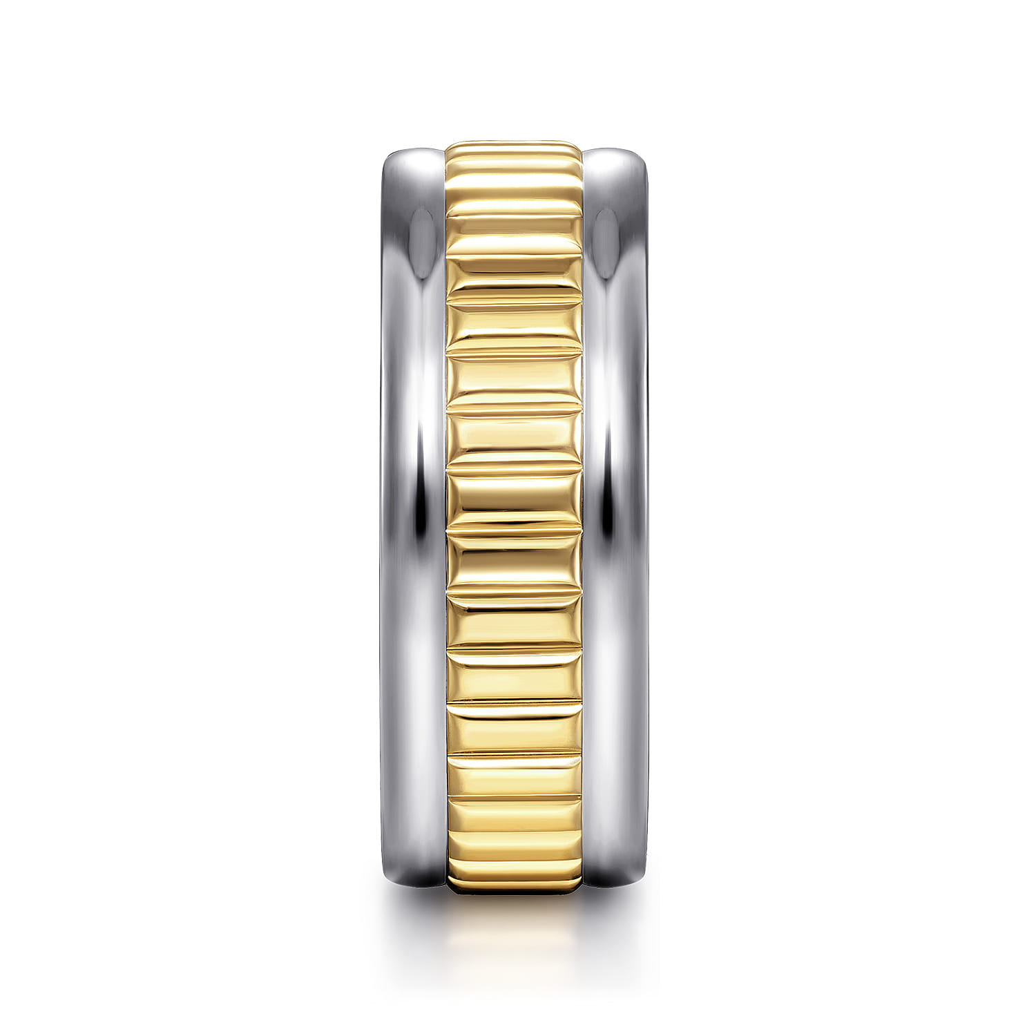 Allan - 14K White-Yellow Gold 8mm - Two Tone Carved Men's Wedding Band in High Polish Finish - Shot 4
