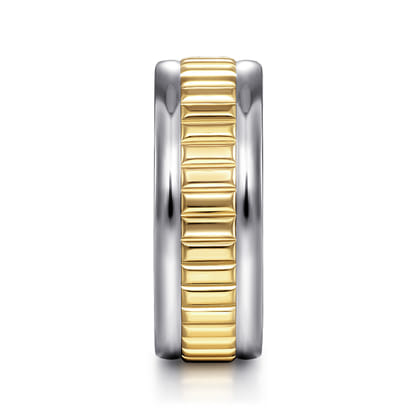 Allan - 14K White-Yellow Gold 8mm - Two Tone Carved Men's Wedding Band in High Polish Finish