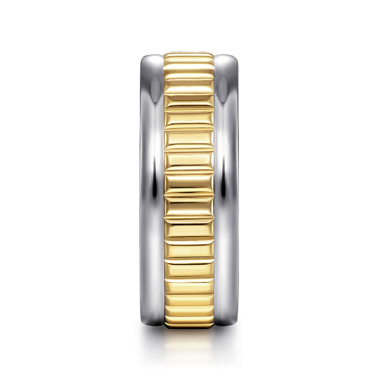 Allan - 14K White-Yellow Gold 8mm - Two Tone Carved Men's Wedding Band in High Polish Finish - Shot 4