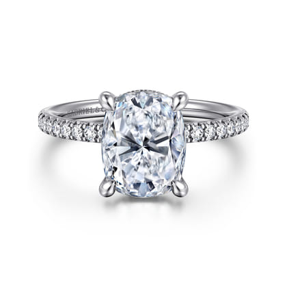 Allison - 14K White Gold Elongated Cushion Hidden Halo Diamond and Engagement Ring