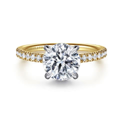 14K White-Yellow Gold Round Hidden Halo Diamond and Engagement Ring