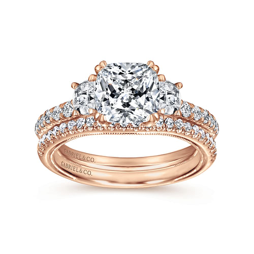 Aloise - Vintage Inspired 14K Rose Gold Cushion Cut Three Stone Diamond Engagement Ring - 0.64 ct - Shot 4