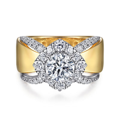 Alva - 14K White-Yellow Gold Round Halo Diamond Engagement Ring
