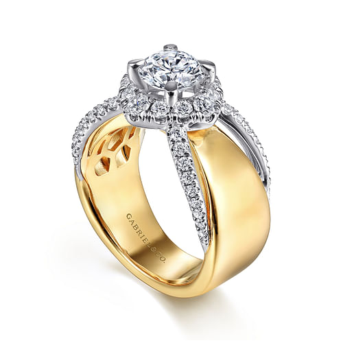 Alva - 14K White-Yellow Gold Round Halo Diamond Engagement Ring - 0.66 ct - Shot 3
