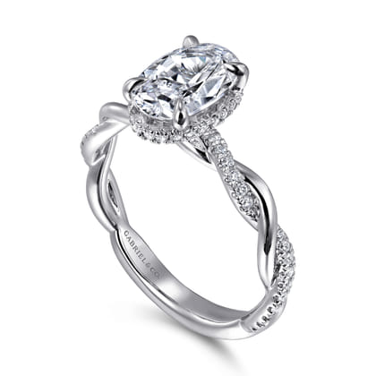 Ama - 14K White Gold Oval Halo Twisted Diamond Engagement Ring