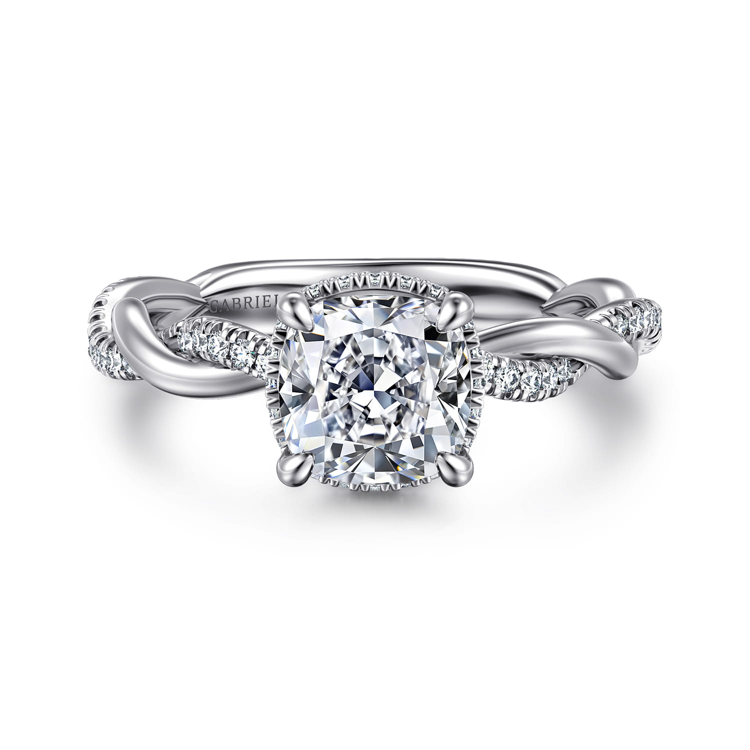 Ama - 14K White Gold Twisted Cushion Halo Diamond Engagement Ring