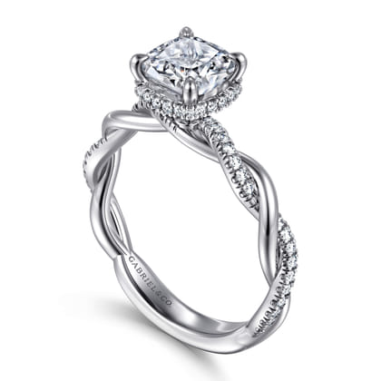 Ama - 14K White Gold Twisted Cushion Halo Diamond Engagement Ring