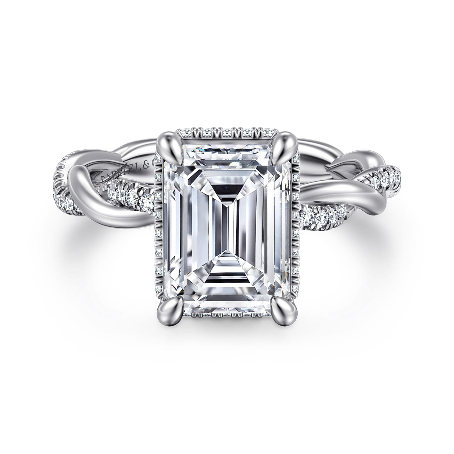 Ama - 14K White Gold Twisted Emerald Cut Halo Diamond Engagement Ring