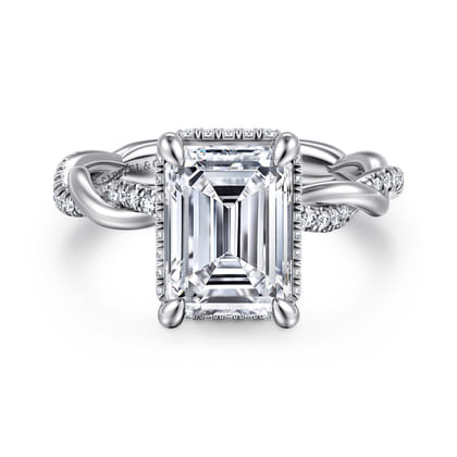 Ama - 14K White Gold Twisted Emerald Cut Halo Diamond Engagement Ring