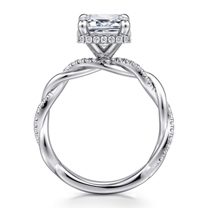 Ama - 14K White Gold Twisted Emerald Cut Halo Diamond Engagement Ring