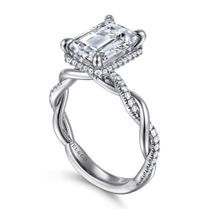 Ama - 14K White Gold Twisted Emerald Cut Halo Diamond Engagement Ring