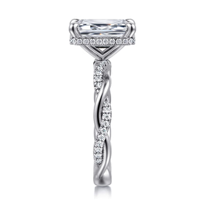 Ama - 14K White Gold Twisted Emerald Cut Halo Diamond Engagement Ring