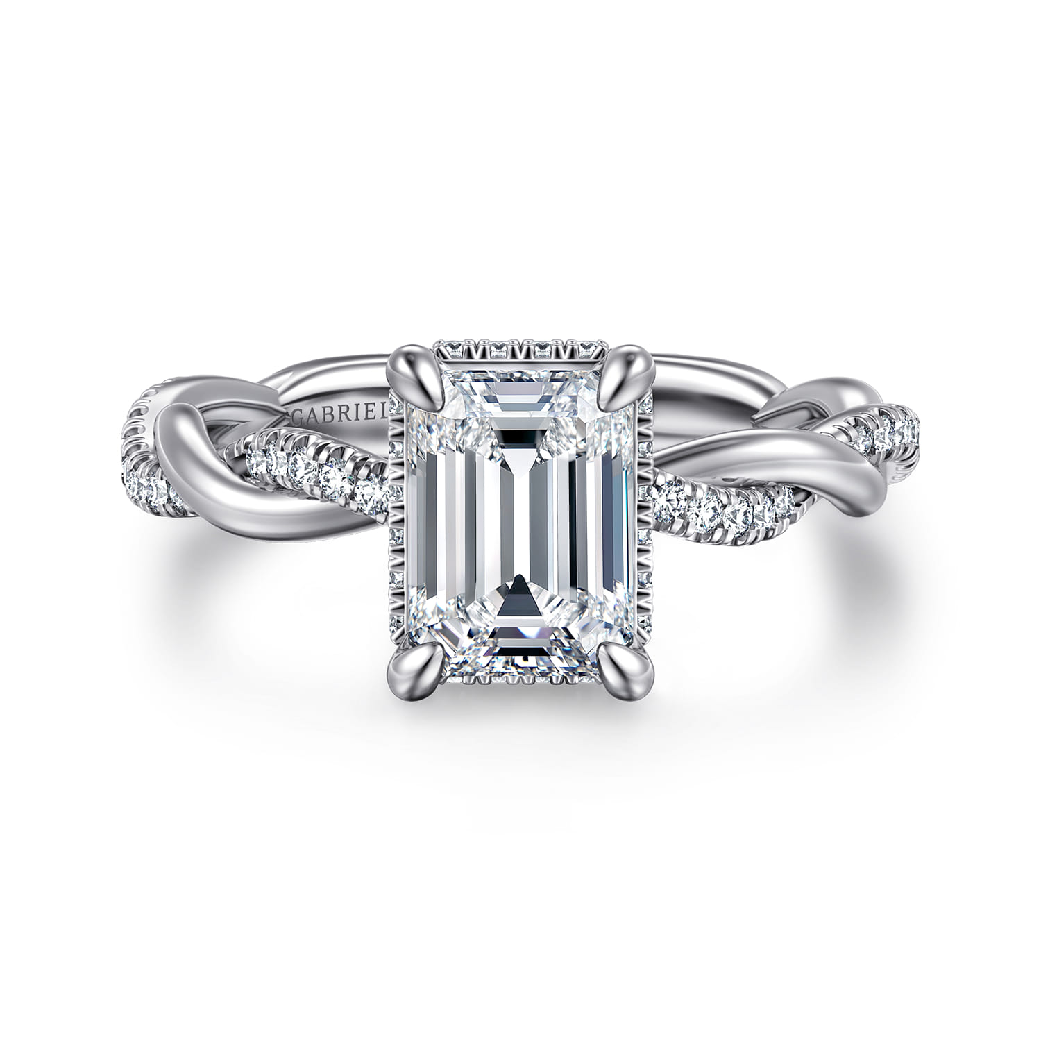 Ama - 14K White Gold Twisted Emerald Cut Halo Diamond Engagement Ring