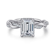 Ama - 14K White Gold Twisted Emerald Cut Halo Diamond Engagement Ring