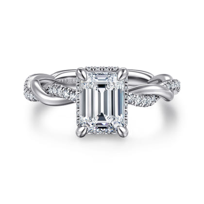 Ama - 14K White Gold Twisted Emerald Cut Halo Diamond Engagement Ring
