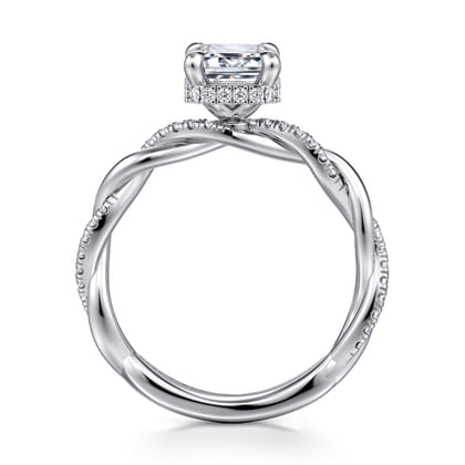 Ama - 14K White Gold Twisted Emerald Cut Halo Diamond Engagement Ring