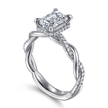 Ama - 14K White Gold Twisted Emerald Cut Halo Diamond Engagement Ring