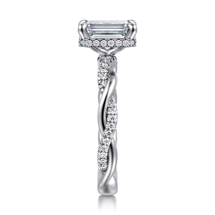 Ama - 14K White Gold Twisted Emerald Cut Halo Diamond Engagement Ring