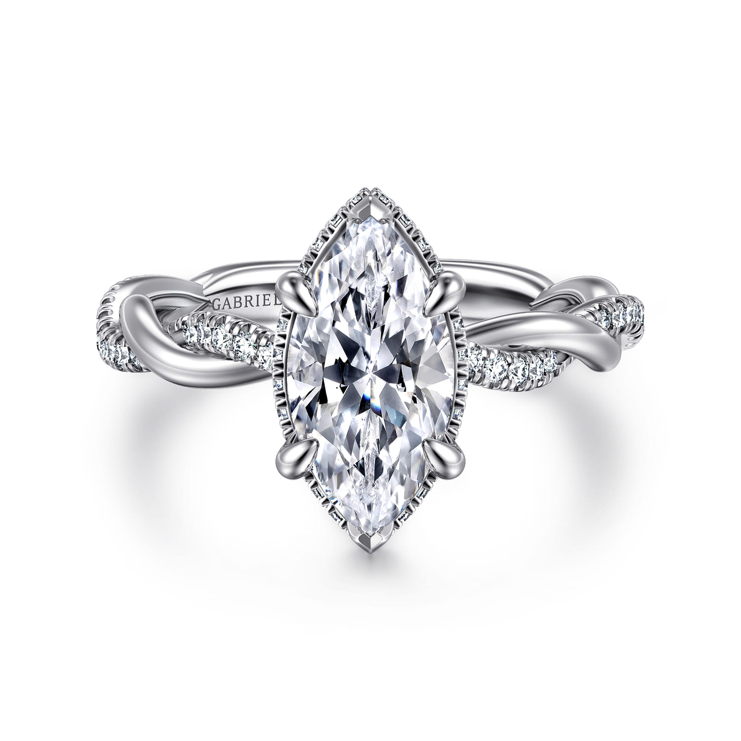 Ama - 14K White Gold Twisted Marquise Shape Halo Diamond Engagement Ring