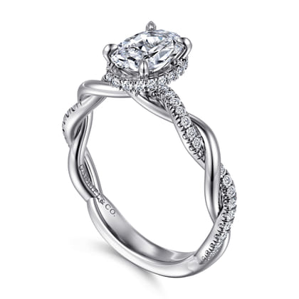 Ama - 14K White Gold Twisted Oval Halo Diamond Engagement Ring