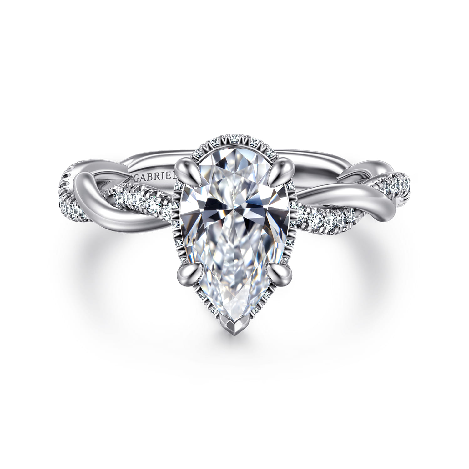Ama - 14K White Gold Twisted Pear Shape Halo Diamond Engagement Ring