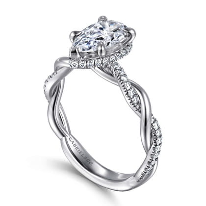 Ama - 14K White Gold Twisted Pear Shape Halo Diamond Engagement Ring