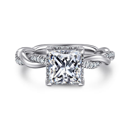 Ama - 14K White Gold Twisted Princess Halo Diamond Engagement Ring