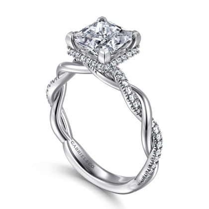 Ama - 14K White Gold Twisted Princess Halo Diamond Engagement Ring