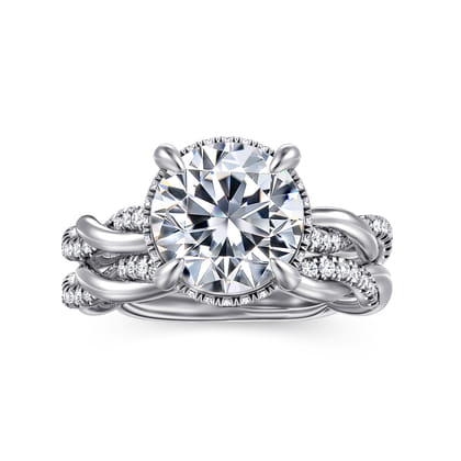 Ama - 14K White Gold Twisted Round Halo Diamond Engagement Ring