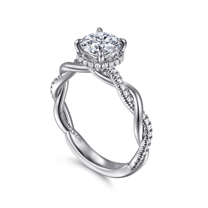 Ama - 14K White Gold Twisted Round Halo Diamond Engagement Ring