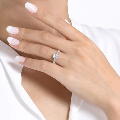 Ama - 14K White Gold Twisted Round Halo Diamond Engagement Ring