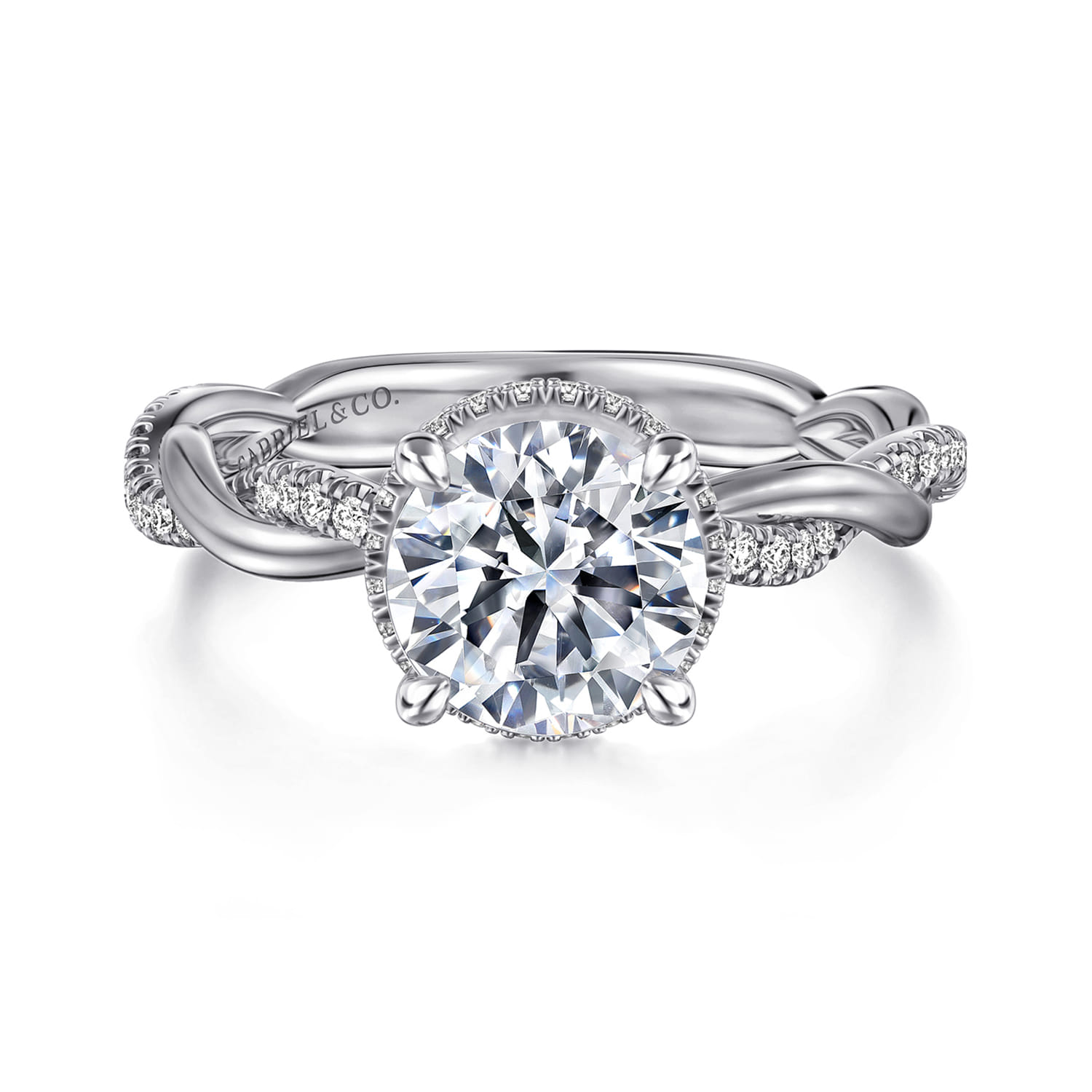 Ama - 14K White Gold Twisted Round Halo Diamond Engagement Ring