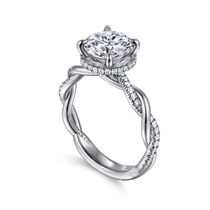 Ama - 14K White Gold Twisted Round Halo Diamond Engagement Ring