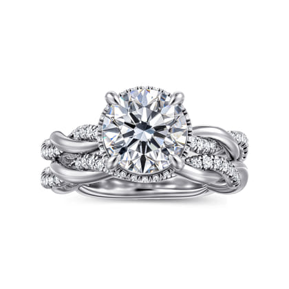 Ama - 14K White Gold Twisted Round Halo Diamond Engagement Ring