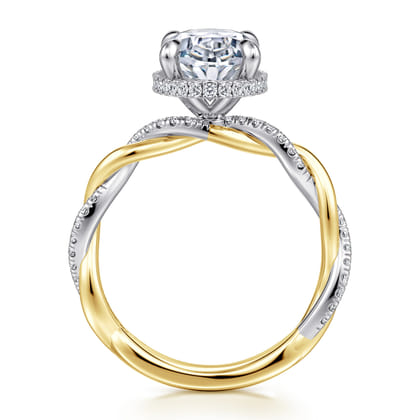 Ama - 14K White-Yellow Gold Twisted Oval Halo Diamond Engagement Ring