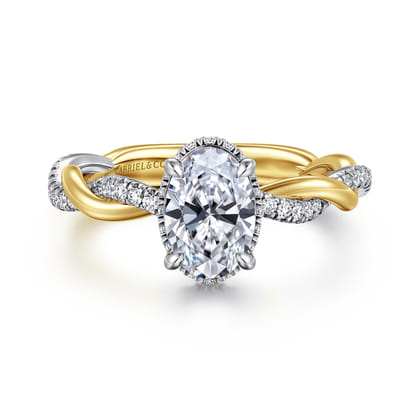 Ama - 14K White-Yellow Gold Twisted Oval Halo Diamond Engagement Ring