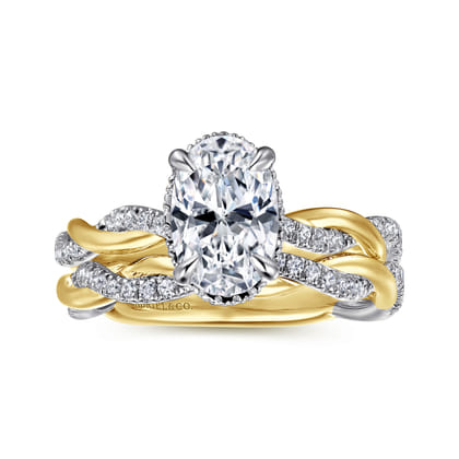 Ama - 14K White-Yellow Gold Twisted Oval Halo Diamond Engagement Ring