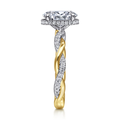 Ama - 14K White-Yellow Gold Twisted Oval Halo Diamond Engagement Ring