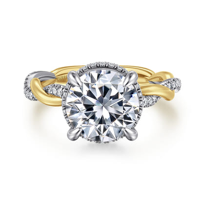 Ama - 14K White-Yellow Gold Twisted Round Halo Diamond Engagement Ring