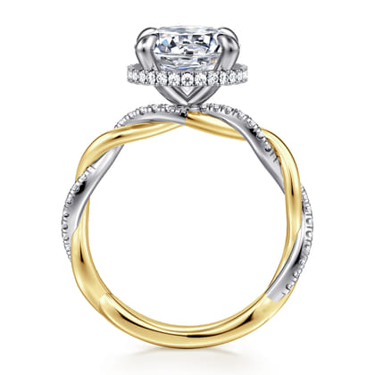 Ama - 14K White-Yellow Gold Twisted Round Halo Diamond Engagement Ring