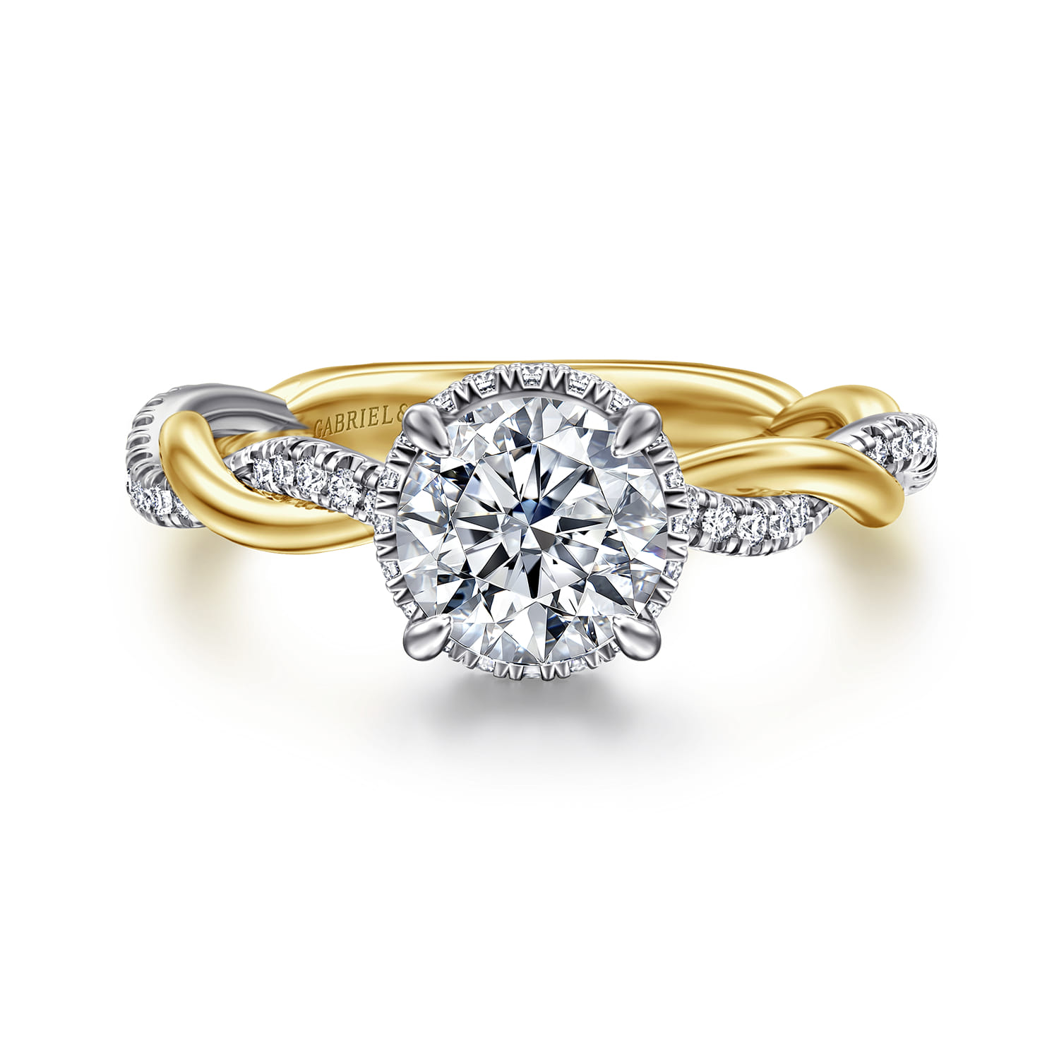 Ama - 14K White-Yellow Gold Twisted Round Halo Diamond Engagement Ring