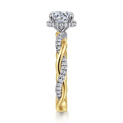 Ama - 14K White-Yellow Gold Twisted Round Halo Diamond Engagement Ring