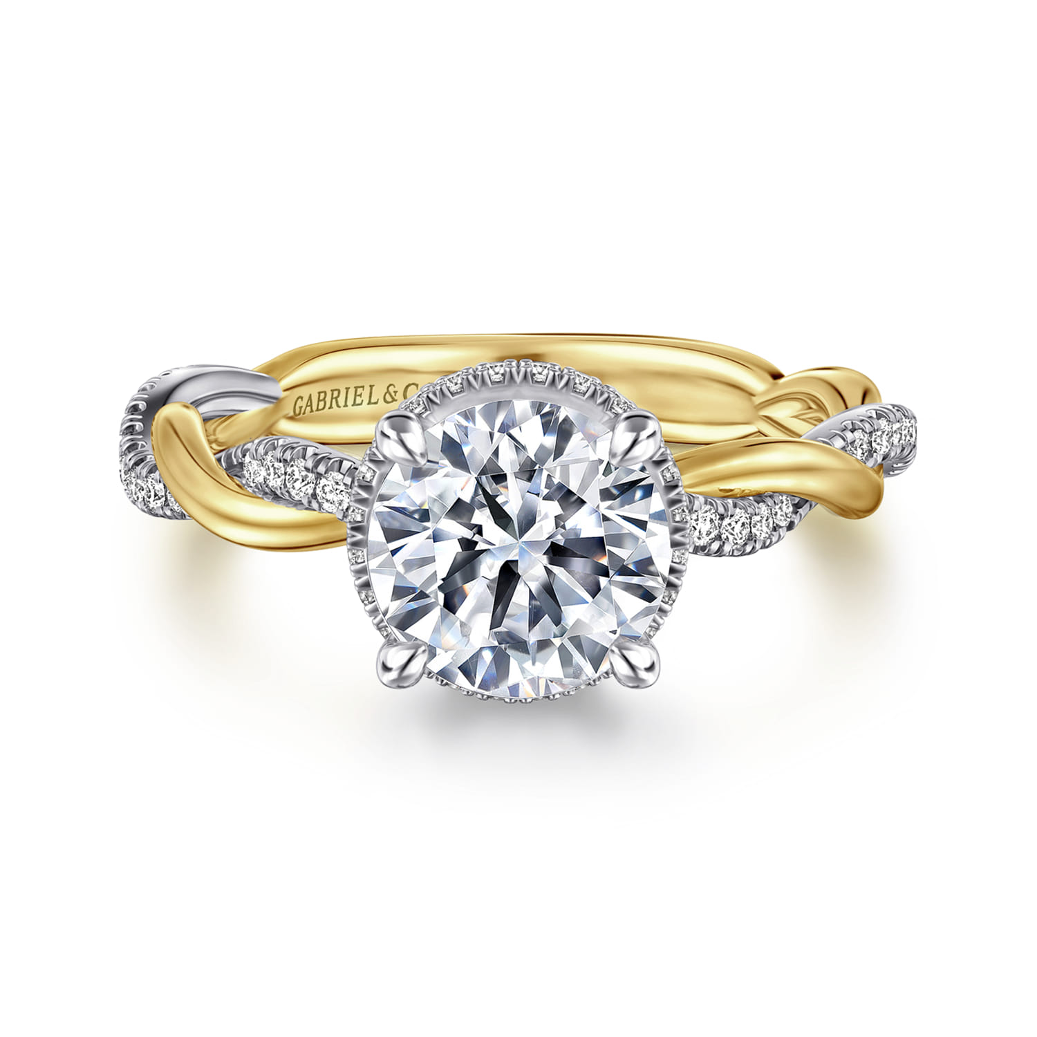 Ama - 14K White-Yellow Gold Twisted Round Halo Diamond Engagement Ring