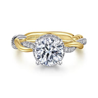 Ama - 14K White-Yellow Gold Twisted Round Halo Diamond Engagement Ring