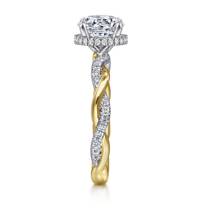 Ama - 14K White-Yellow Gold Twisted Round Halo Diamond Engagement Ring