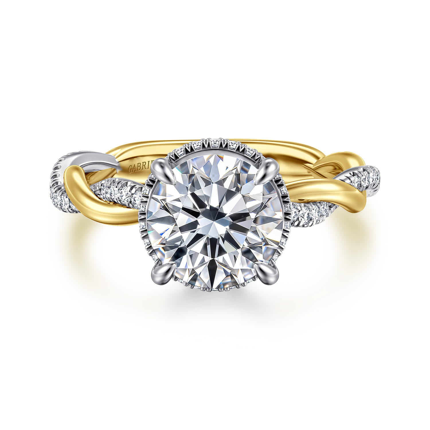 Ama - 14K White-Yellow Gold Twisted Round Halo Diamond Engagement Ring