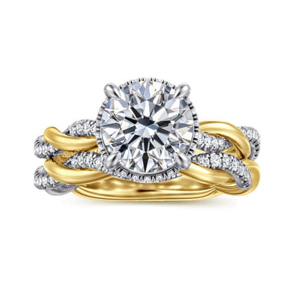 Ama - 14K White-Yellow Gold Twisted Round Halo Diamond Engagement Ring