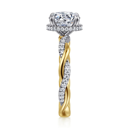 Ama - 14K White-Yellow Gold Twisted Round Halo Diamond Engagement Ring